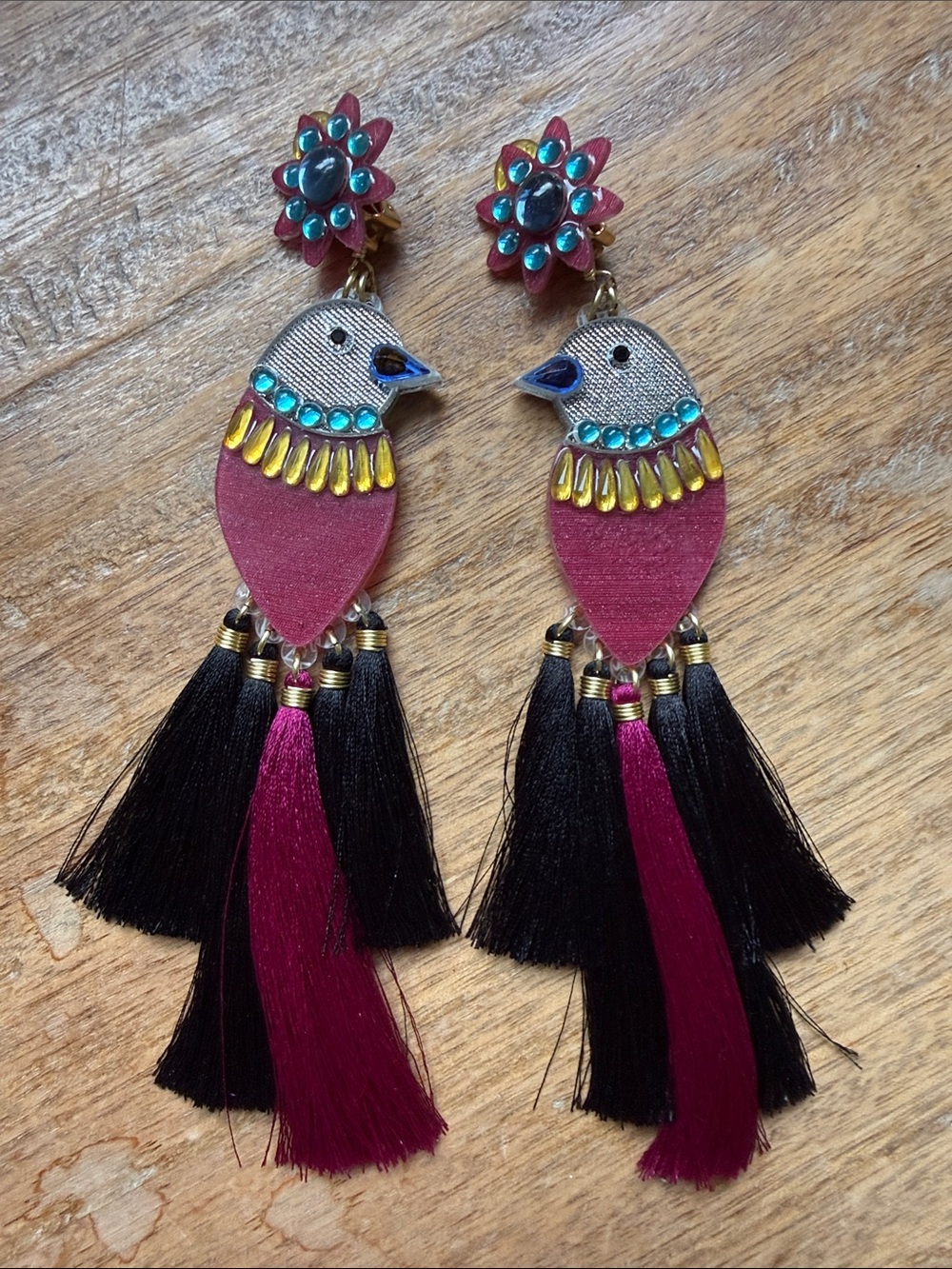 Mercedes Salazar Magenta and Black Bird Tassel Earrings with Gem Accents